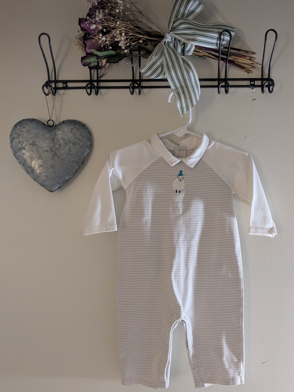 Janie and Jack White and Light Gray Striped Collared Romper With A Stitched Lamb